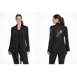 Vegas Royalty Black Spider Web Rhinestone Open Front Cardigan Top Size M